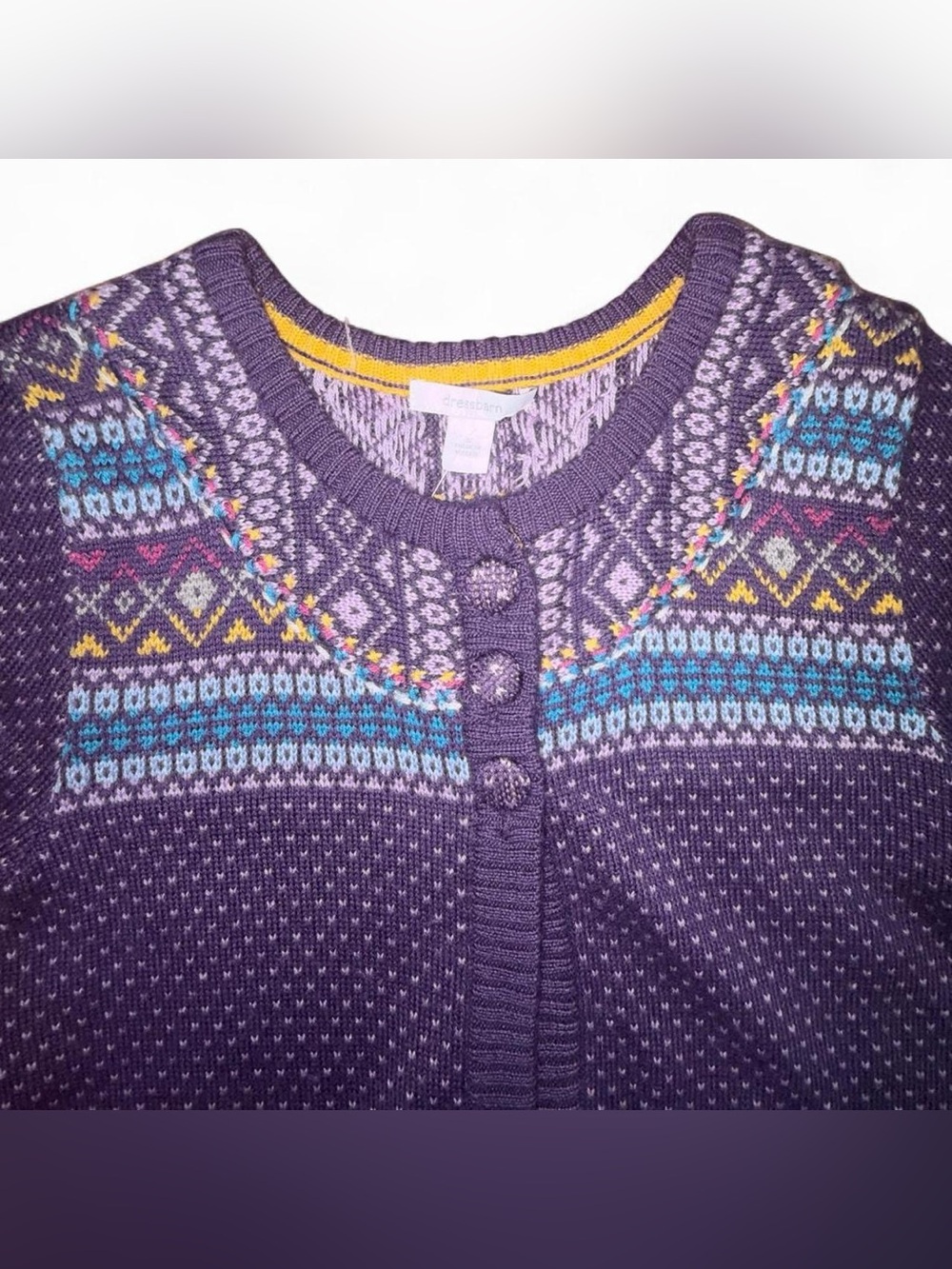 Fair Isle Nordic Cardigan Purple Multicolor Knit Sweater Sz S Vintage Dressbarn